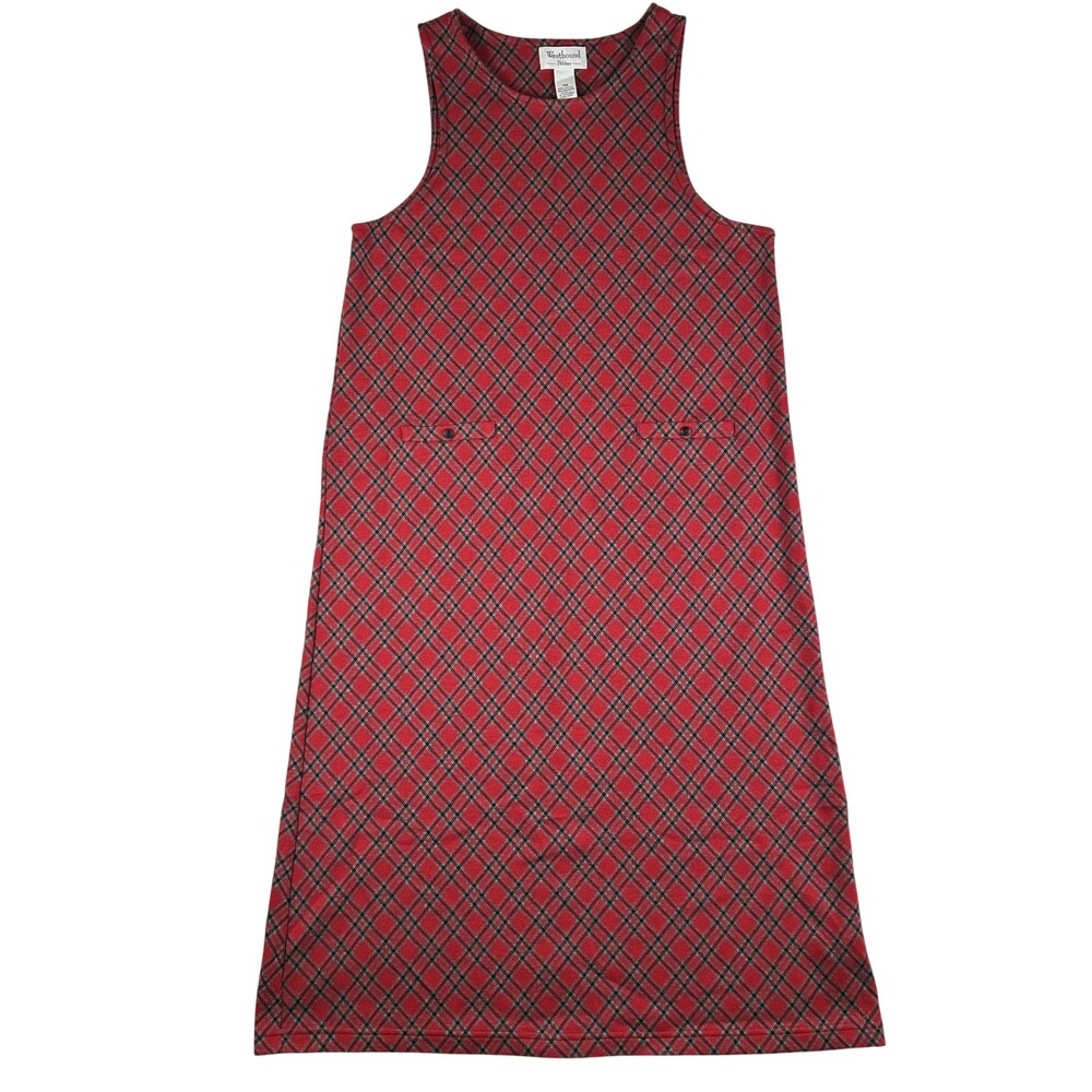 Westbound Dress Womens PM Red Plaid Knit Shift Sleeveless Pockets Workwear